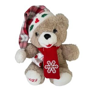 Snowflake Teddy 2022 Christmas Bear Tan Plush Santa Hat Plaid Scarf Snowflake 9"